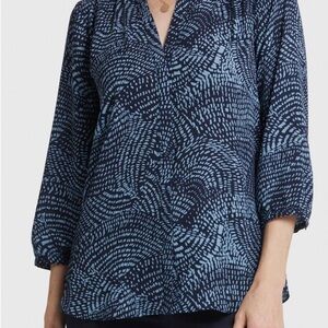 NYDJ Navy and Light Blue Patterned Pintuck Blouse NWT